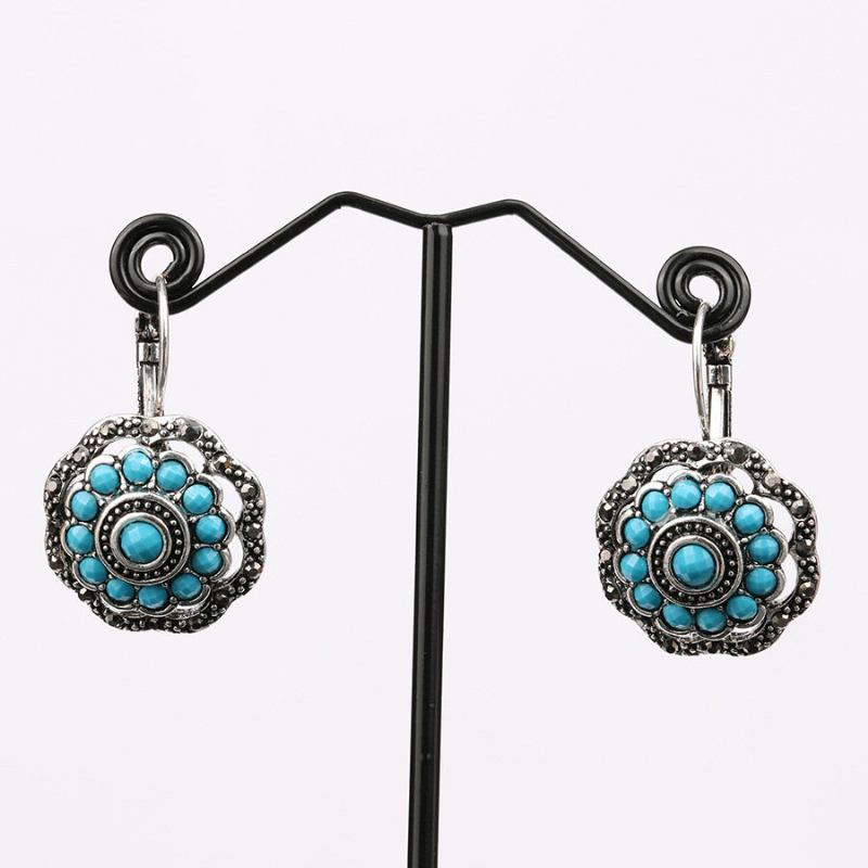 Vintage Ear Drop Σκουλαρίκια Hollow Blue Flower Plant Ear Hoop Ethnic Κοσμήματα Για Γυναίκες