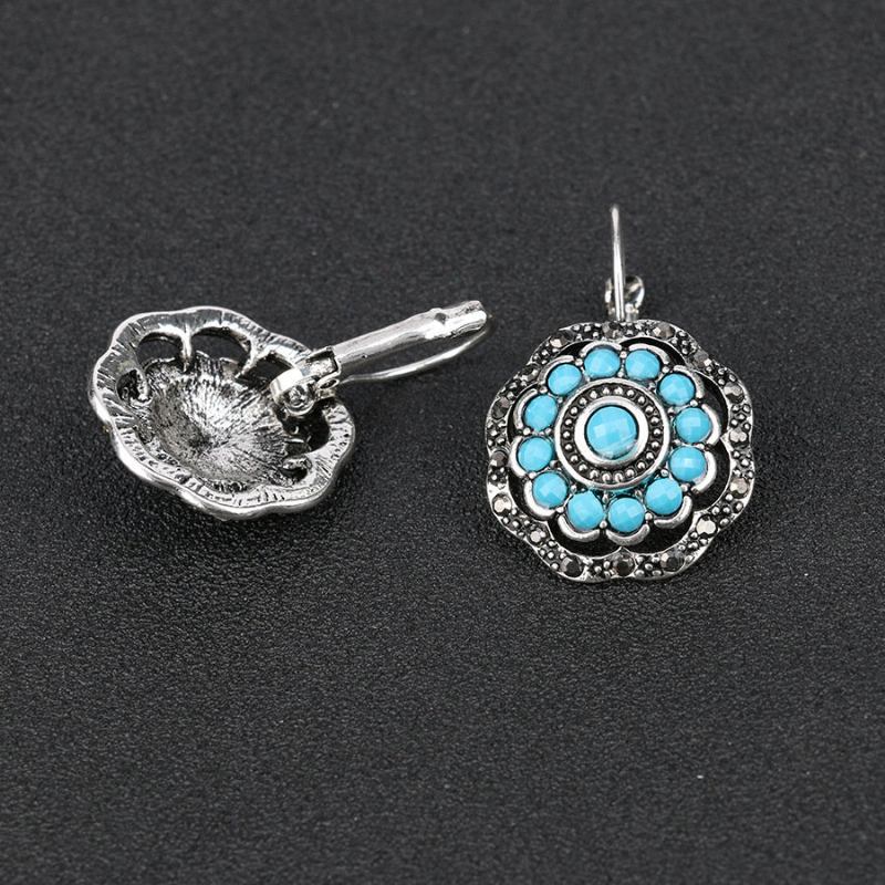 Vintage Ear Drop Σκουλαρίκια Hollow Blue Flower Plant Ear Hoop Ethnic Κοσμήματα Για Γυναίκες