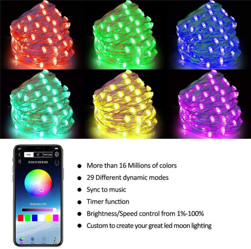 Φωτιστικό Led String Light Bluetooth Εφαρμογής Για Κινητό Τηλέφωνο Φώτα Ελέγχου Χριστουγεννιάτικη Διακόσμηση Rgb Πλήρες Έγχρωμο Φως Χάλκινου Σύρματος