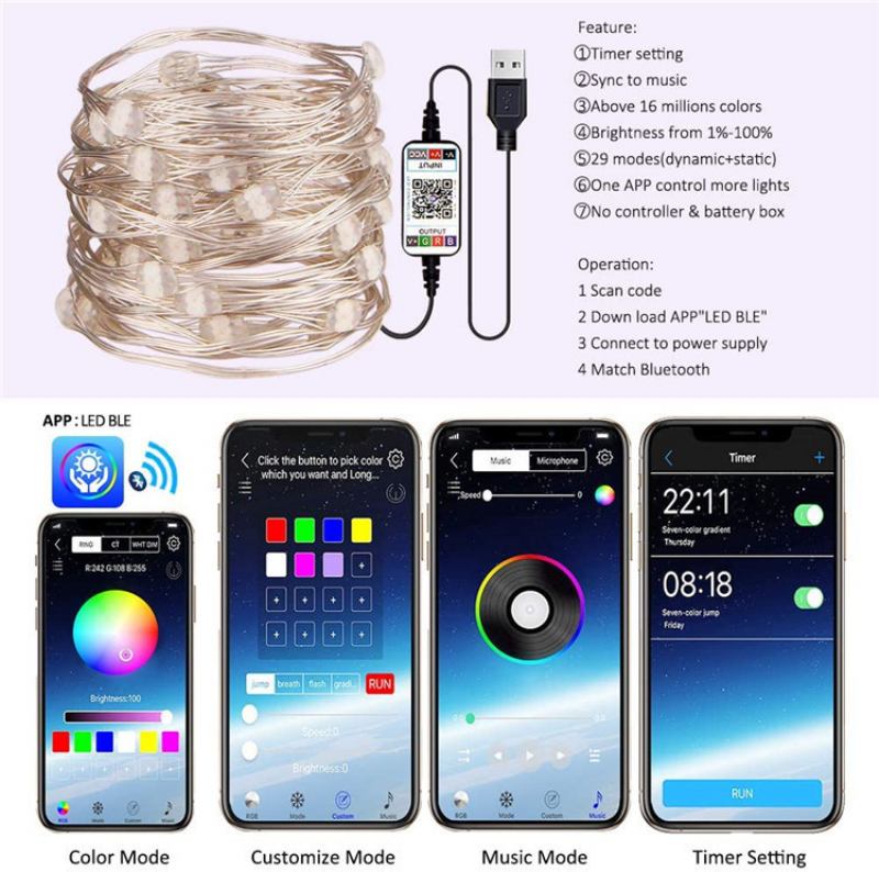 Φωτιστικό Led String Light Bluetooth Εφαρμογής Για Κινητό Τηλέφωνο Φώτα Ελέγχου Χριστουγεννιάτικη Διακόσμηση Rgb Πλήρες Έγχρωμο Φως Χάλκινου Σύρματος